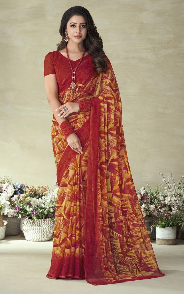 Geometric Print, Graphic Print Bollywood Chiffon, Georgette Saree (Red)
