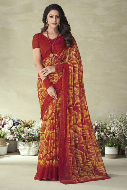 Geometric Print, Graphic Print Bollywood Chiffon, Georgette Saree (Red)