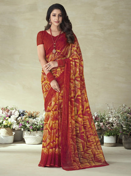 Geometric Print, Graphic Print Bollywood Chiffon, Georgette Saree (Red)
