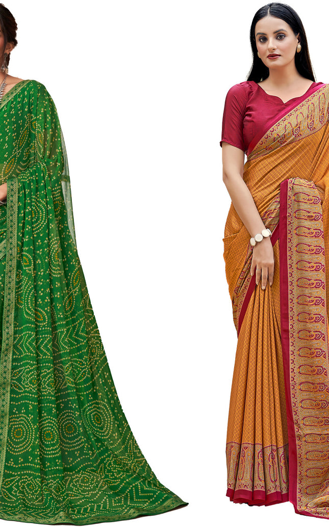Graphic Print, Printed Bandhani Chiffon, Georgette Saree (Green)