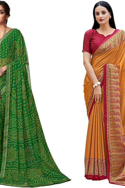 Graphic Print, Printed Bandhani Chiffon, Georgette Saree (Green)