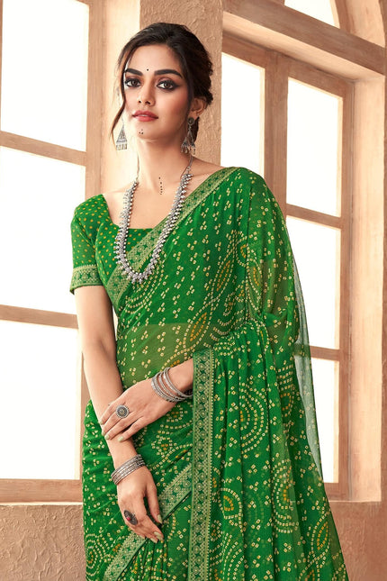 Graphic Print, Printed Bandhani Chiffon, Georgette Saree (Green)