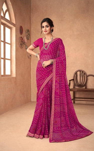 Graphic Print, Printed Bandhani Chiffon, Georgette Saree (Pink)