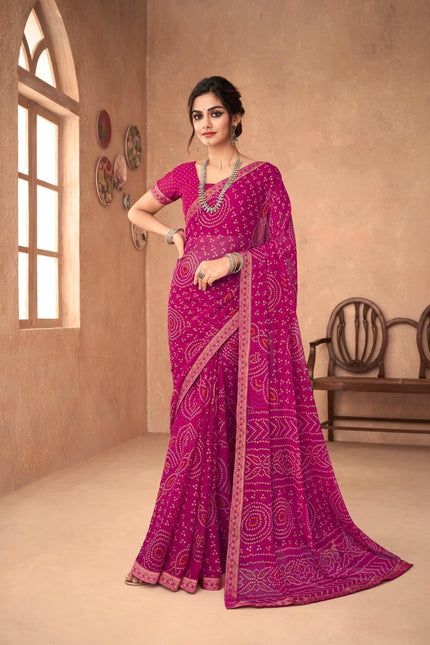 Graphic Print, Printed Bandhani Chiffon, Georgette Saree (Pink)