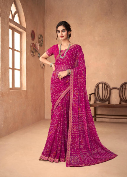 Graphic Print, Printed Bandhani Chiffon, Georgette Saree (Pink)