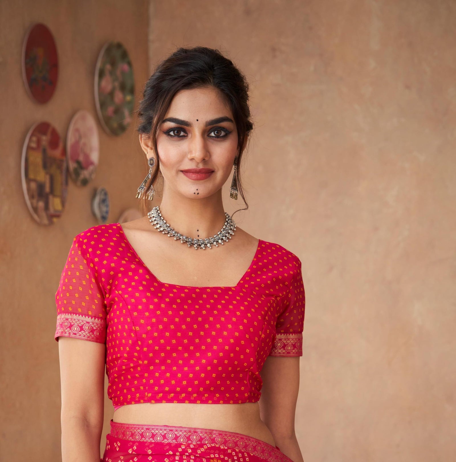 Bandhani Print Chiffon Georgette Saree with Attached Border (Pink)