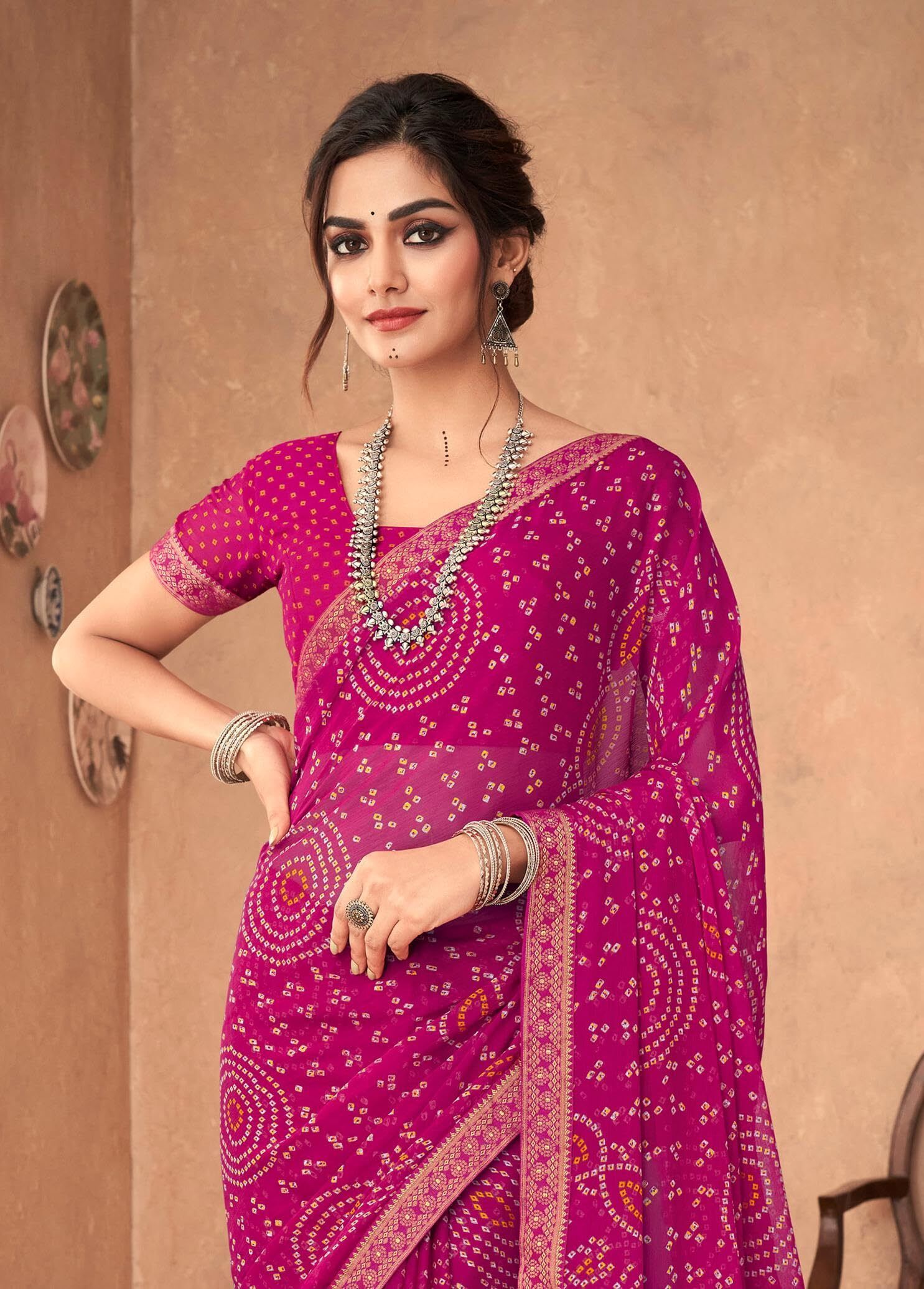 Bandhani Print Chiffon Georgette Saree with Attached Border (Pink)