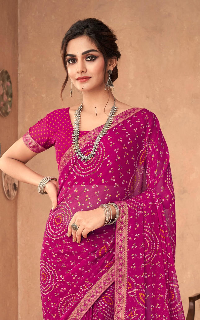 Graphic Print, Printed Bandhani Chiffon, Georgette Saree (Pink)