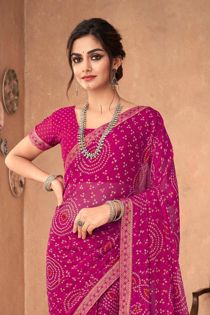 Graphic Print, Printed Bandhani Chiffon, Georgette Saree (Pink)