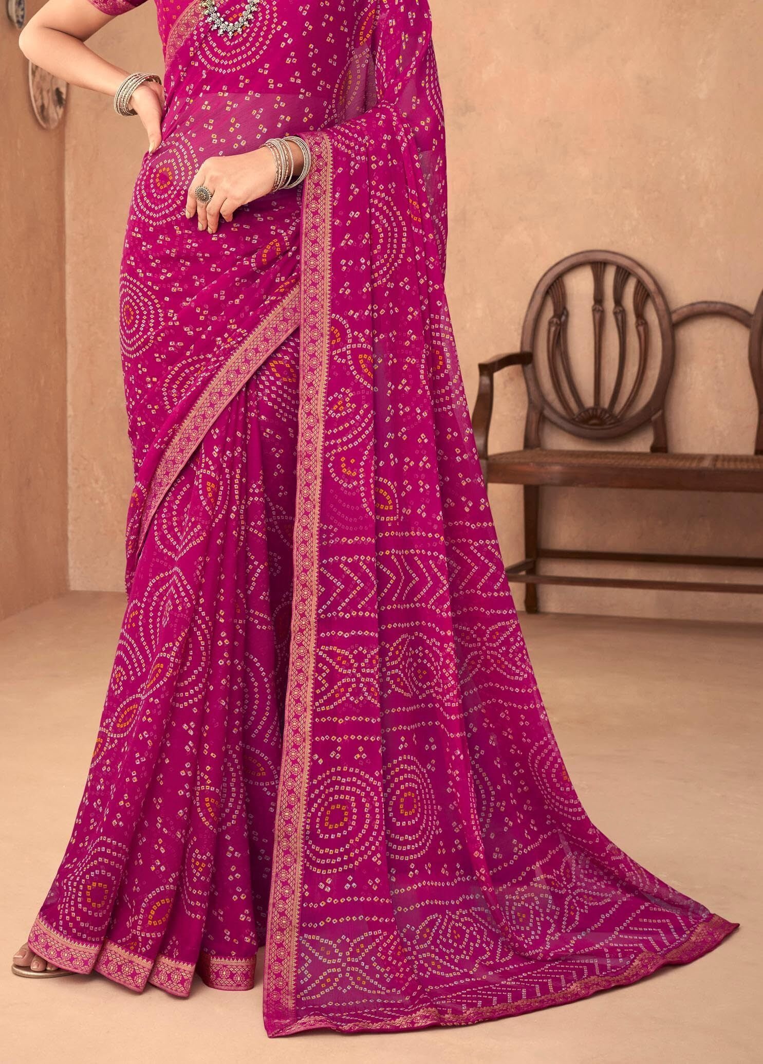 Bandhani Print Chiffon Georgette Saree with Attached Border (Pink)