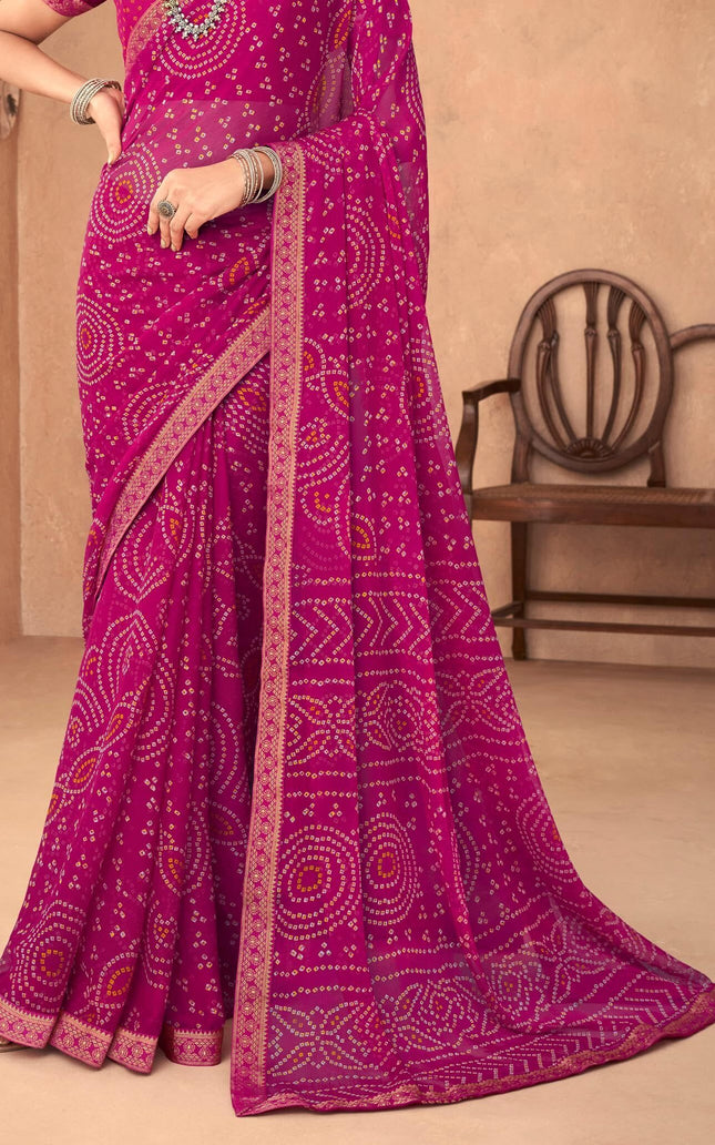 Graphic Print, Printed Bandhani Chiffon, Georgette Saree (Pink)