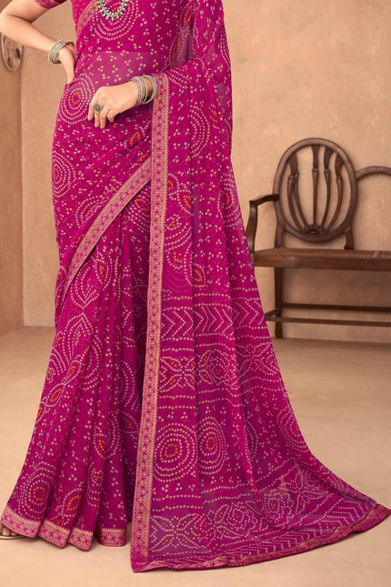 Graphic Print, Printed Bandhani Chiffon, Georgette Saree (Pink)