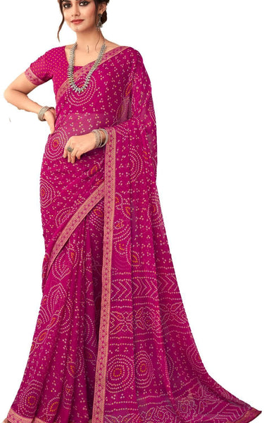 Graphic Print, Printed Bandhani Chiffon, Georgette Saree (Pink)