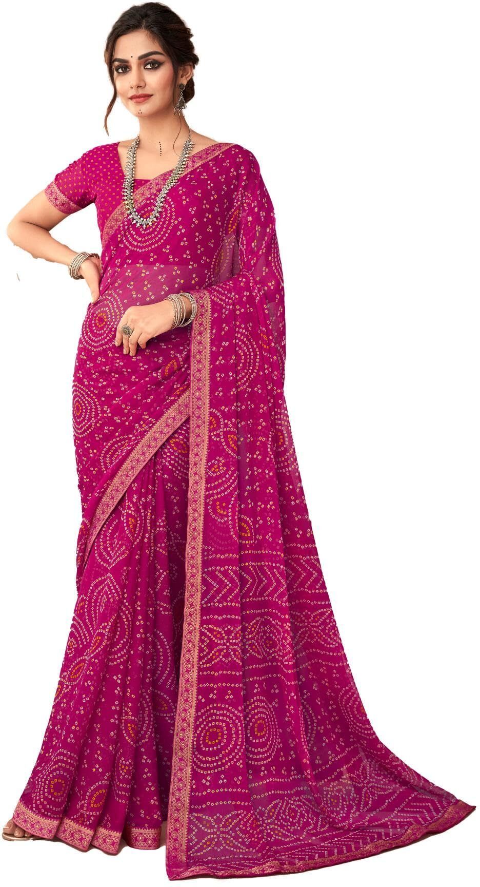 Bandhani Print Chiffon Georgette Saree with Attached Border (Pink)