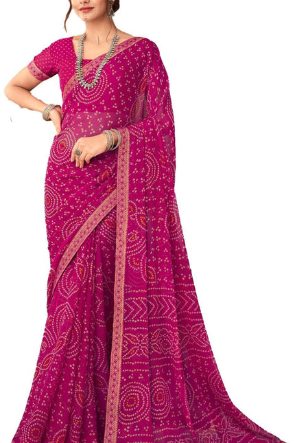 Graphic Print, Printed Bandhani Chiffon, Georgette Saree (Pink)
