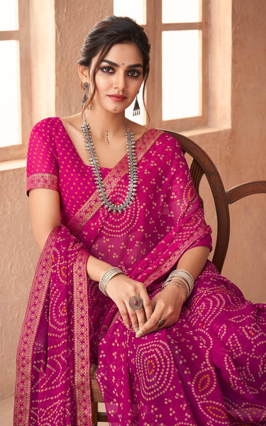Graphic Print, Printed Bandhani Chiffon, Georgette Saree (Pink)