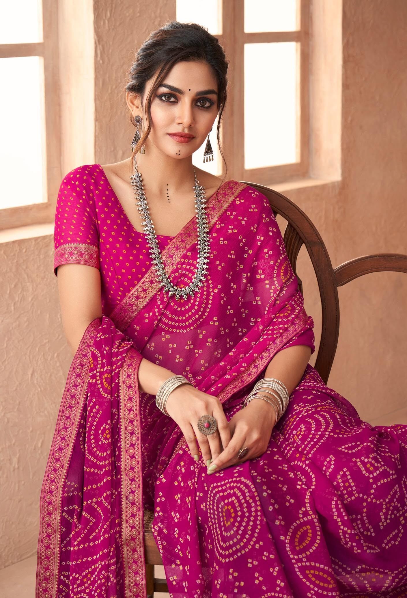 Bandhani Print Chiffon Georgette Saree with Attached Border (Pink)