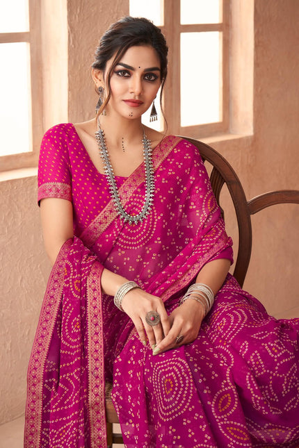 Graphic Print, Printed Bandhani Chiffon, Georgette Saree (Pink)