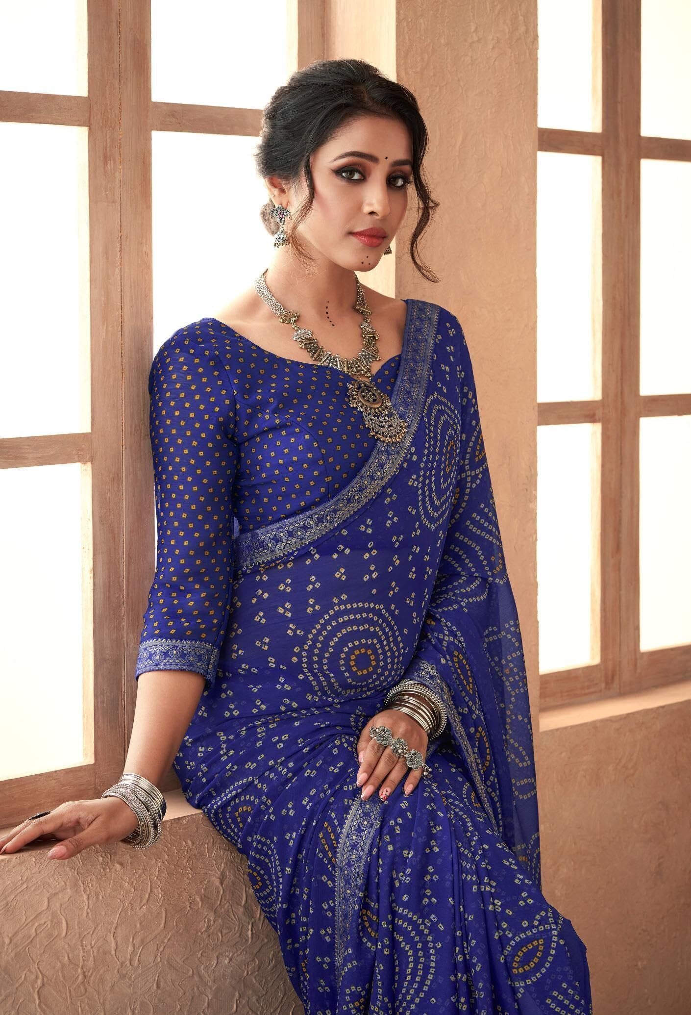 Bandhani Print Chiffon Georgette Saree with Attached Border (Royal Blue)