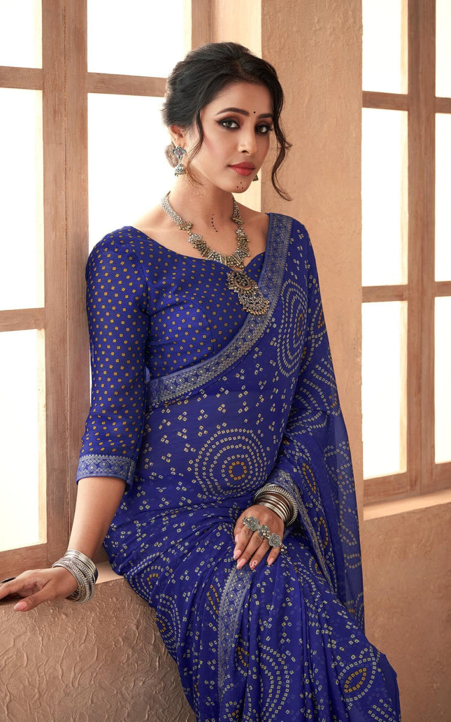 Graphic Print, Printed Bandhani Chiffon, Georgette Saree (Indigo Blue)