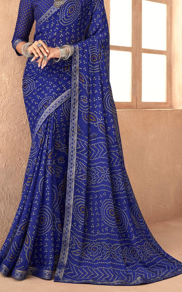 Graphic Print, Printed Bandhani Chiffon, Georgette Saree (Blue)