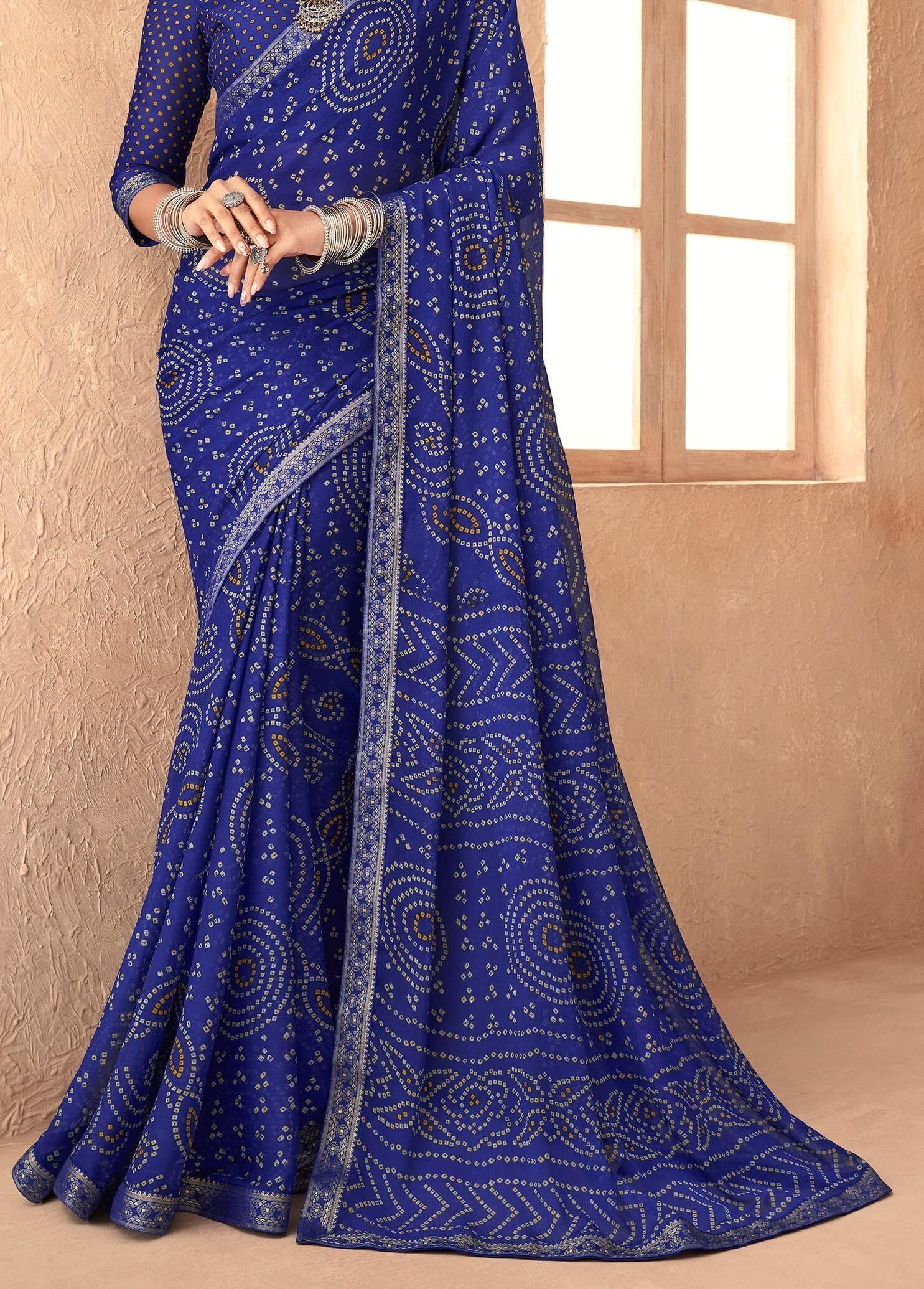 Bandhani Print Chiffon Georgette Saree with Attached Border (Royal Blue)