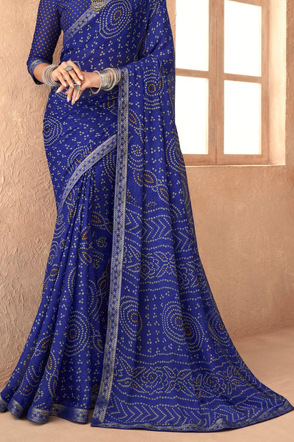 Graphic Print, Printed Bandhani Chiffon, Georgette Saree (Indigo Blue)