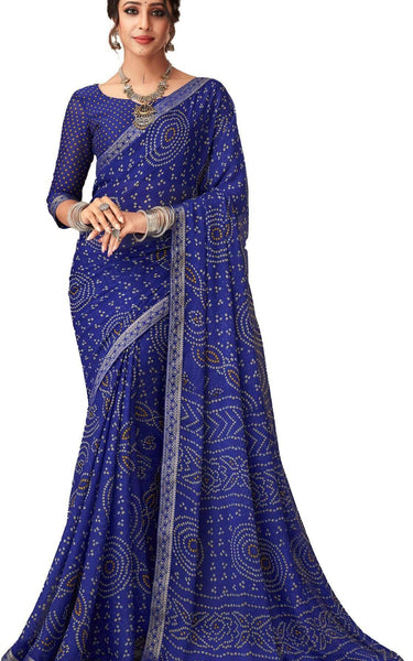 Graphic Print, Printed Bandhani Chiffon, Georgette Saree (Blue)