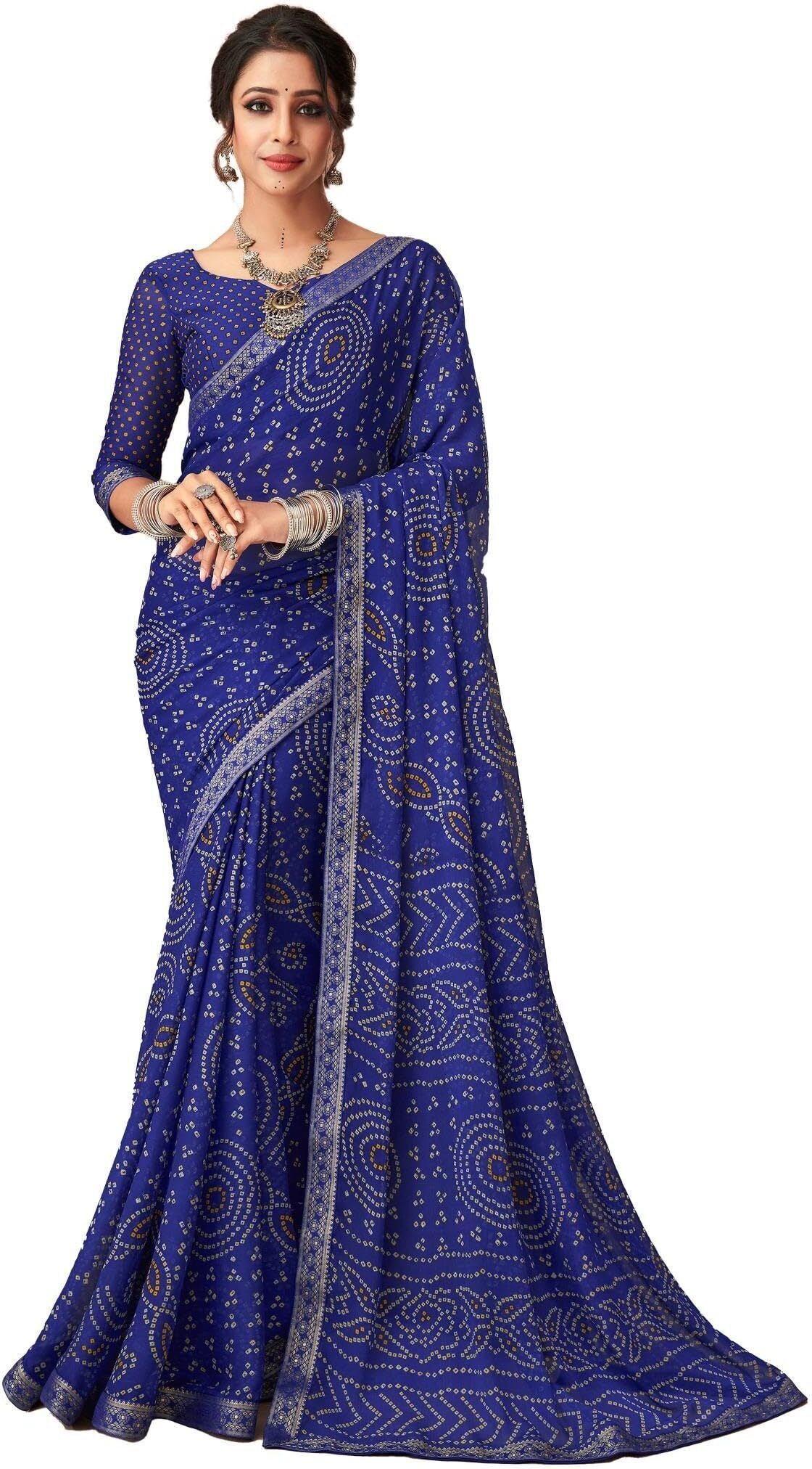 Bandhani Print Chiffon Georgette Saree with Attached Border (Royal Blue)