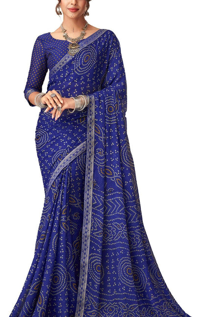 Graphic Print, Printed Bandhani Chiffon, Georgette Saree (Indigo Blue)
