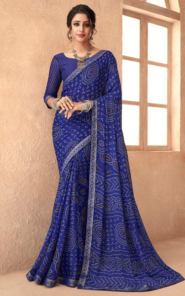 Graphic Print, Printed Bandhani Chiffon, Georgette Saree (Blue)