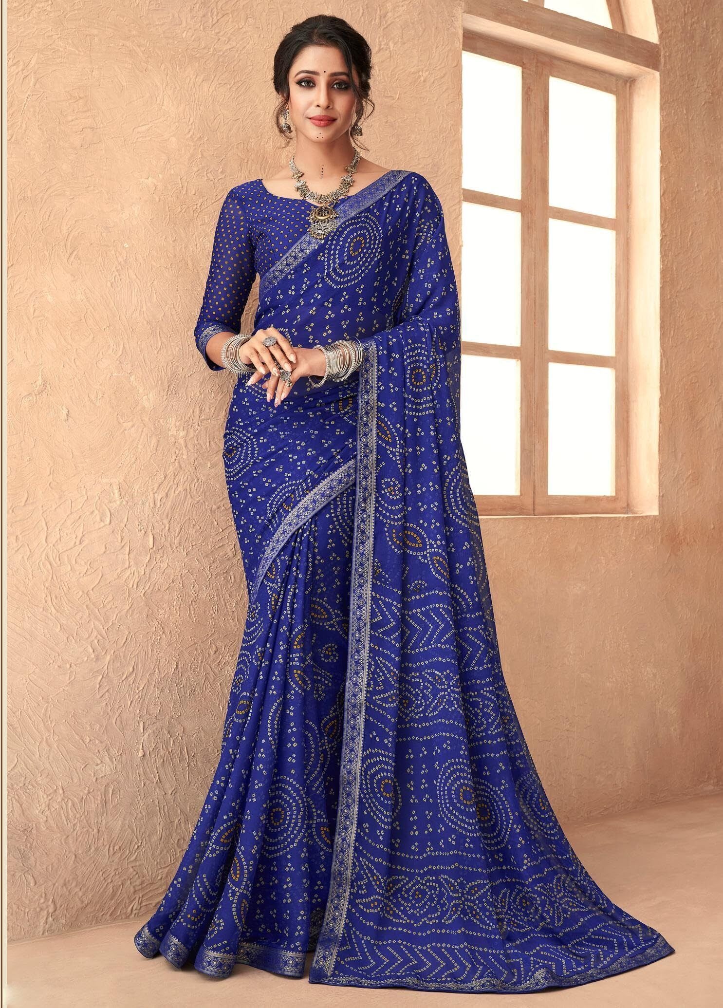 Bandhani Print Chiffon Georgette Saree with Attached Border (Royal Blue)