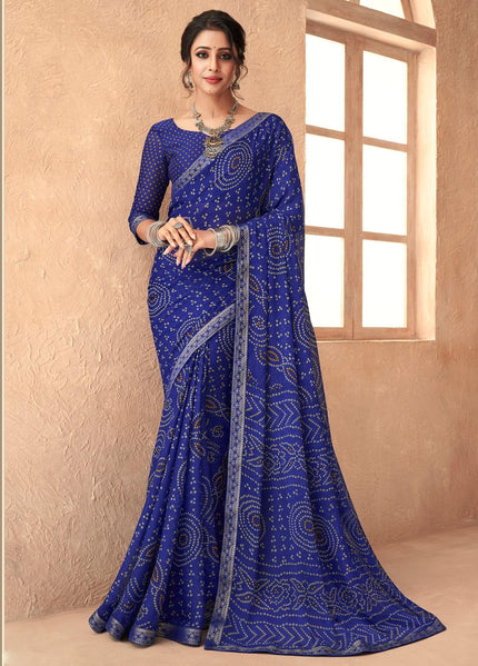 Bandhani Print Chiffon Georgette Saree with Attached Border (Royal Blue)