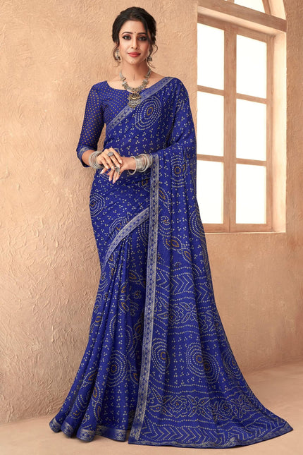 Graphic Print, Printed Bandhani Chiffon, Georgette Saree (Indigo Blue)