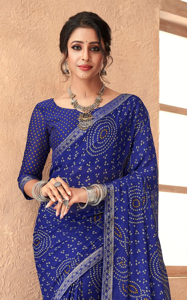 Graphic Print, Printed Bandhani Chiffon, Georgette Saree (Blue)