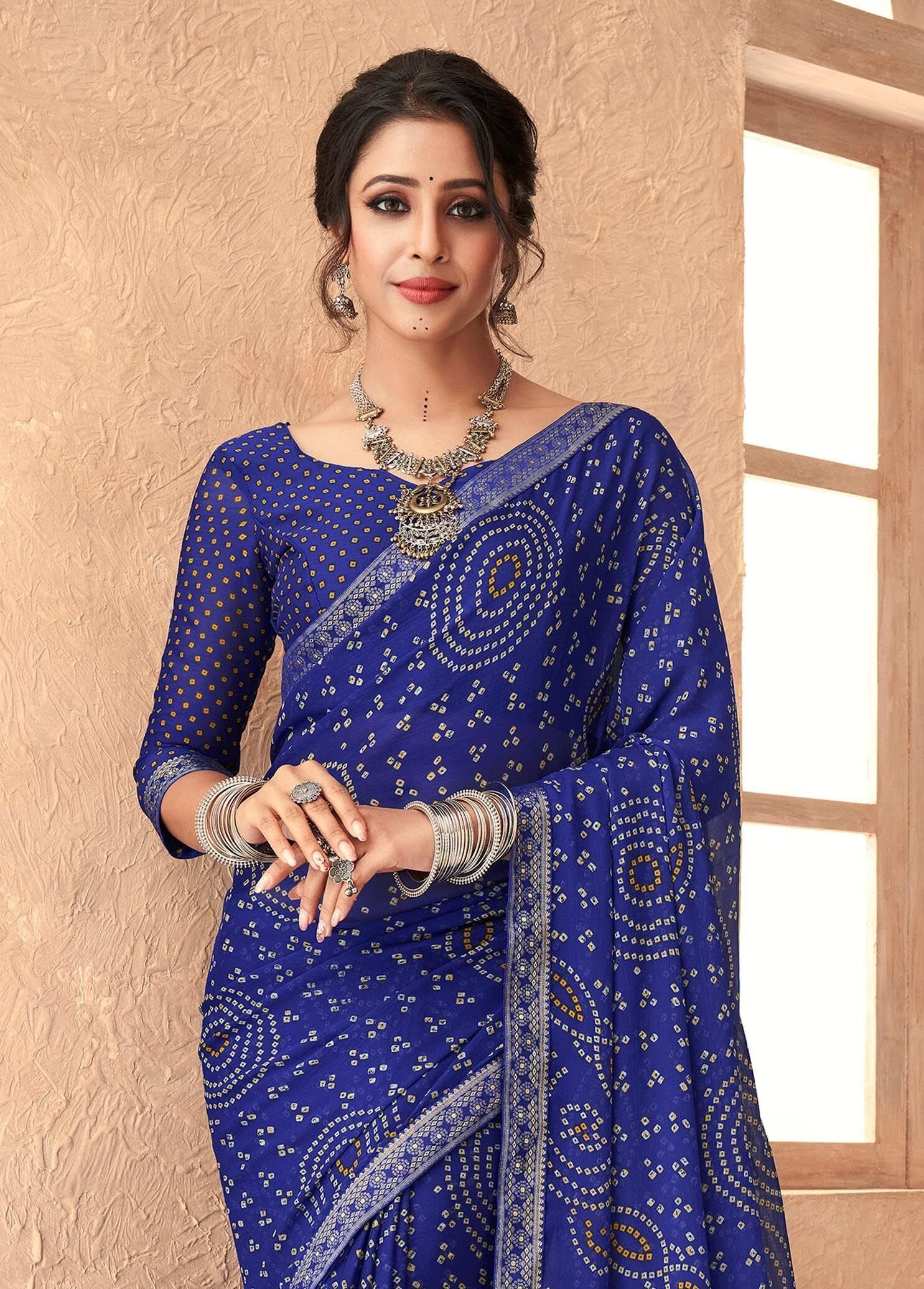 Bandhani Print Chiffon Georgette Saree with Attached Border (Royal Blue)