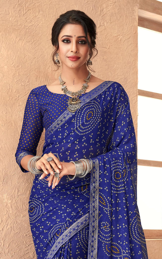 Graphic Print, Printed Bandhani Chiffon, Georgette Saree (Indigo Blue)