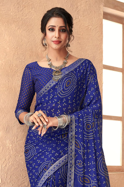 Graphic Print, Printed Bandhani Chiffon, Georgette Saree (Indigo Blue)