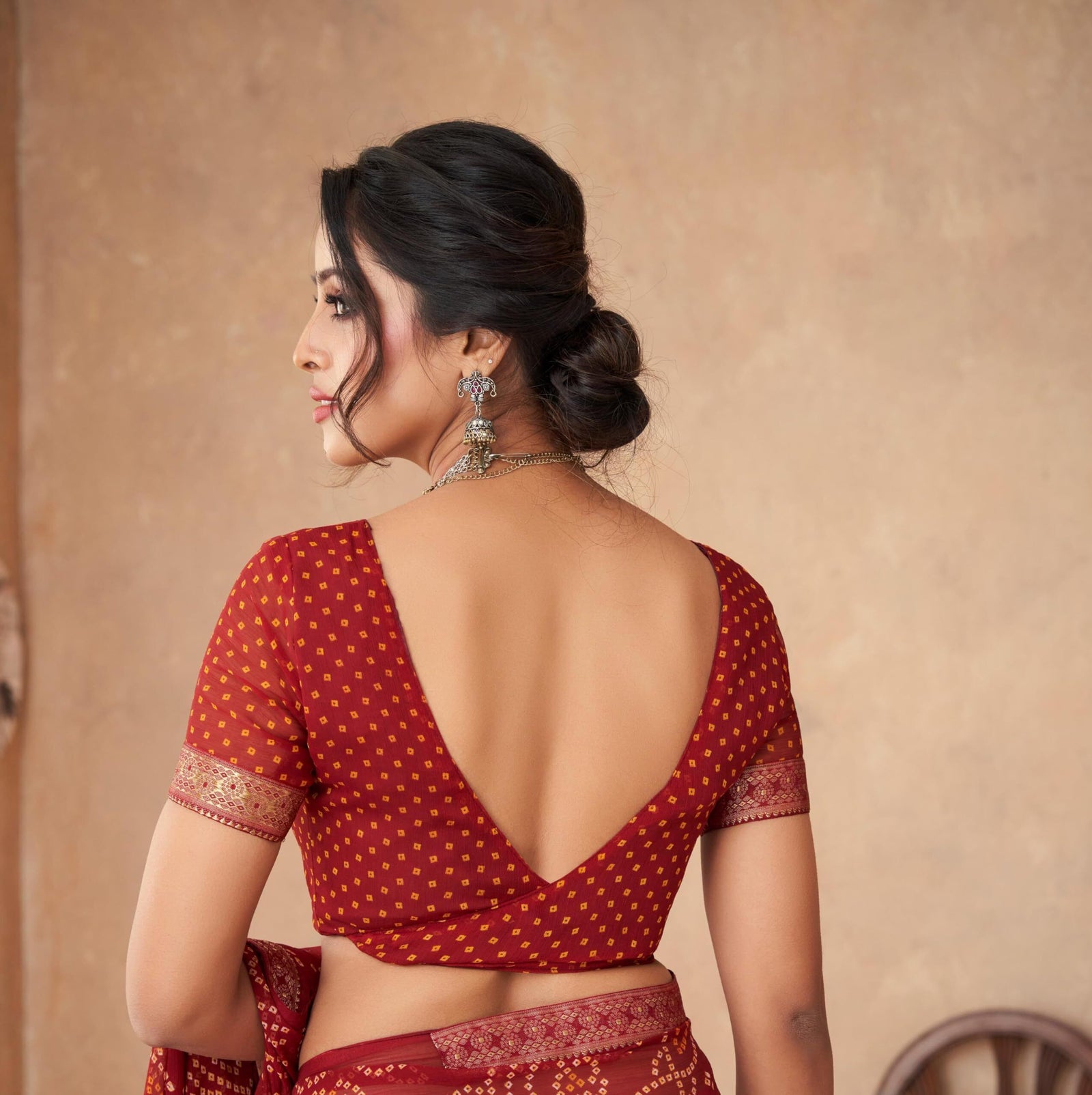 Bandhani Print Chiffon Georgette Saree with Attached Border (Maroon)