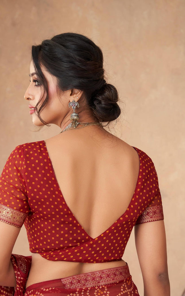 Graphic Print, Printed Bandhani Chiffon, Georgette Saree (Maroon)