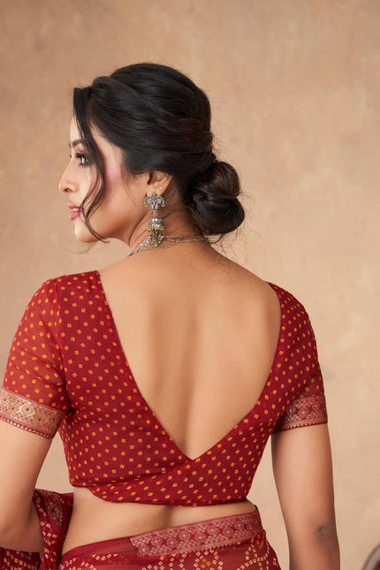 Graphic Print, Printed Bandhani Chiffon, Georgette Saree (Maroon)