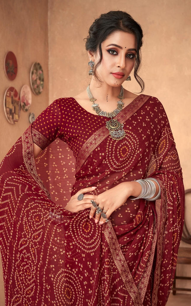 Graphic Print, Printed Bandhani Chiffon, Georgette Saree (Maroon)