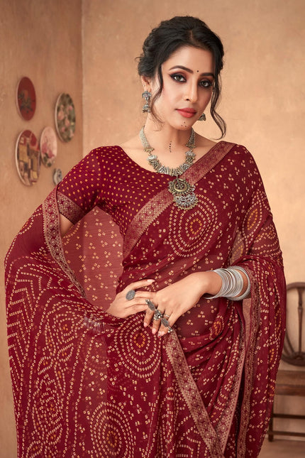 Graphic Print, Printed Bandhani Chiffon, Georgette Saree (Maroon)