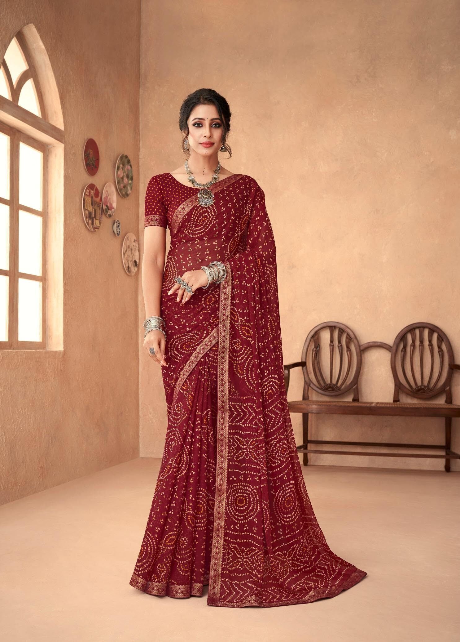 Bandhani Print Chiffon Georgette Saree with Attached Border (Maroon)