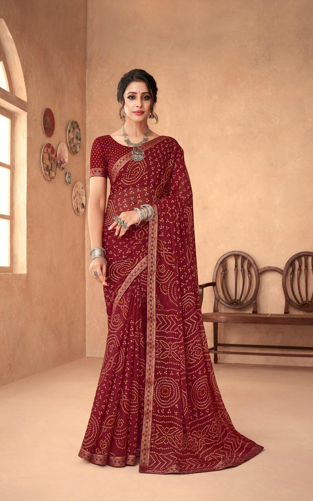 Graphic Print, Printed Bandhani Chiffon, Georgette Saree (Maroon)