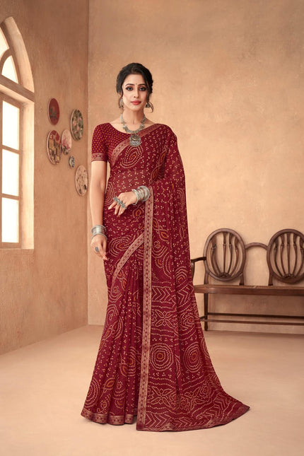 Graphic Print, Printed Bandhani Chiffon, Georgette Saree (Maroon)
