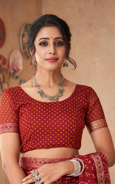 Graphic Print, Printed Bandhani Chiffon, Georgette Saree (Maroon)