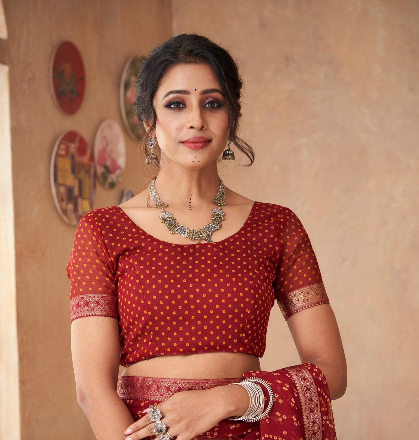 Bandhani Print Chiffon Georgette Saree with Attached Border (Maroon)