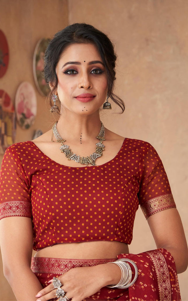 Graphic Print, Printed Bandhani Chiffon, Georgette Saree (Maroon)