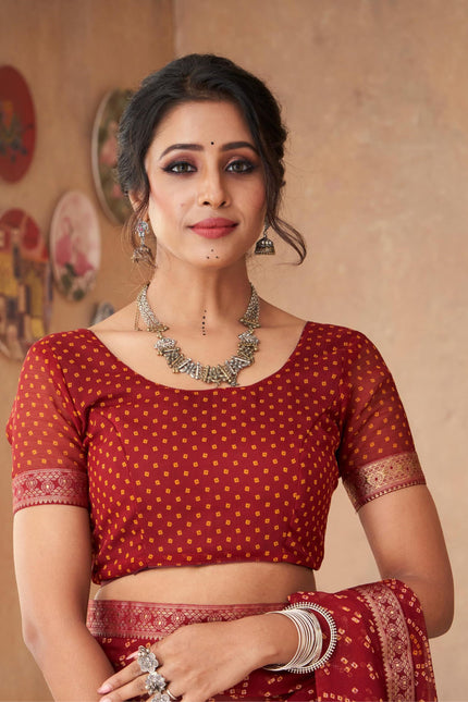Graphic Print, Printed Bandhani Chiffon, Georgette Saree (Maroon)